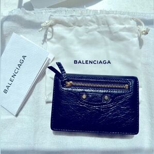 Balenciaga card wallet with zip front. Black. Leather. Gold hardware. Authentic